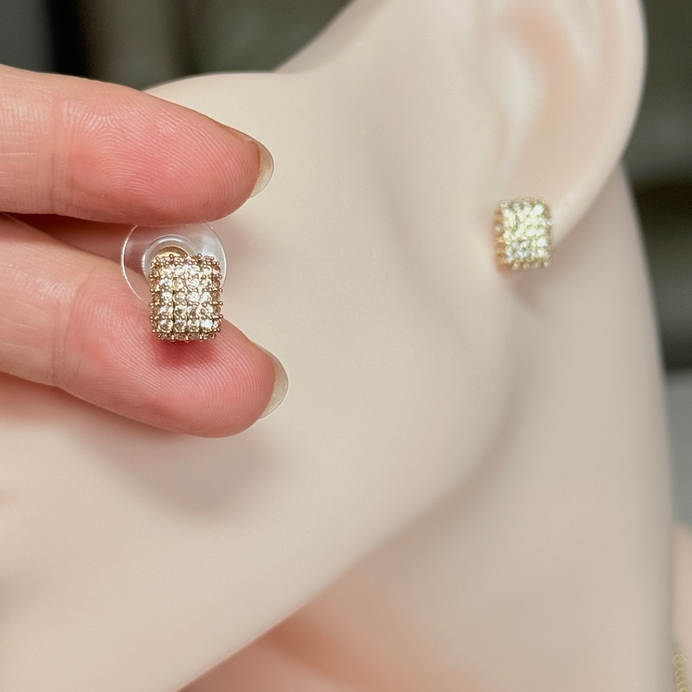 Gold Cubic Zirconia Pavé Square Stud Earrings - Women Jewelry